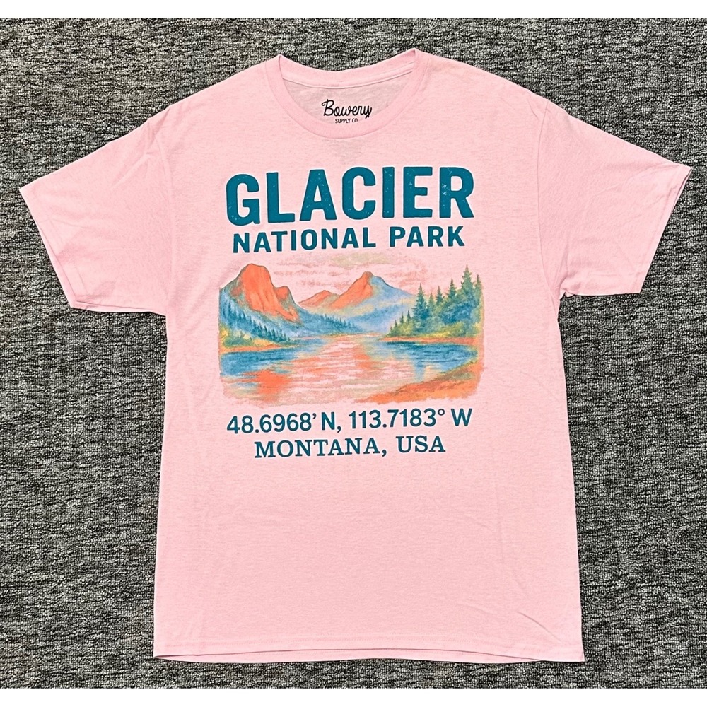 Bowery Supply Co Glacier National Park Mens Medium Pink Montana Graphic Shirt